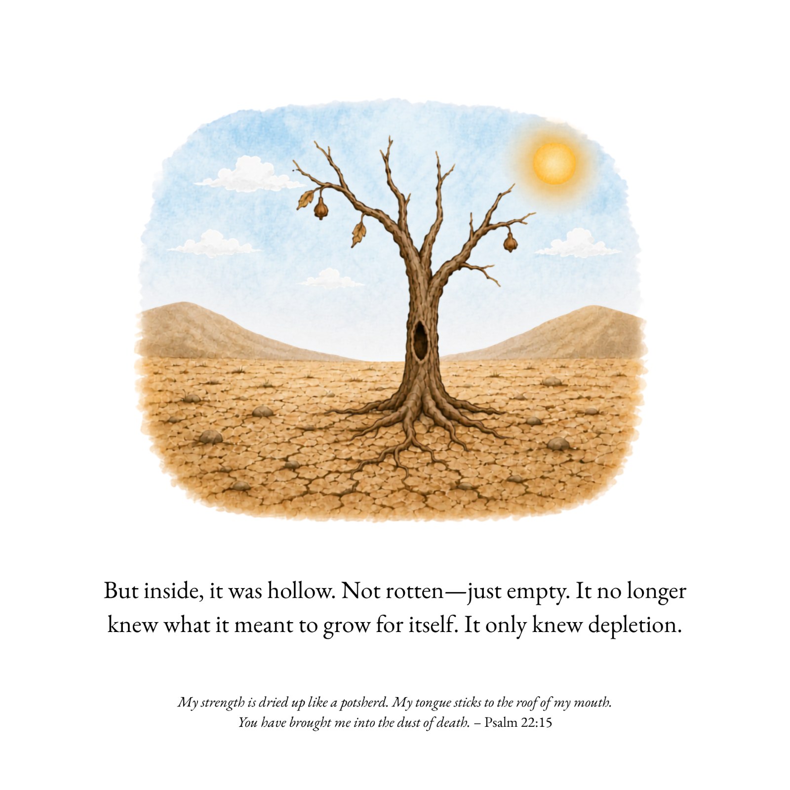 Illustrated page from The Abiding Tree, the hardship: Loss came, and scarcity. Still the tree endured—and still it gave freely.