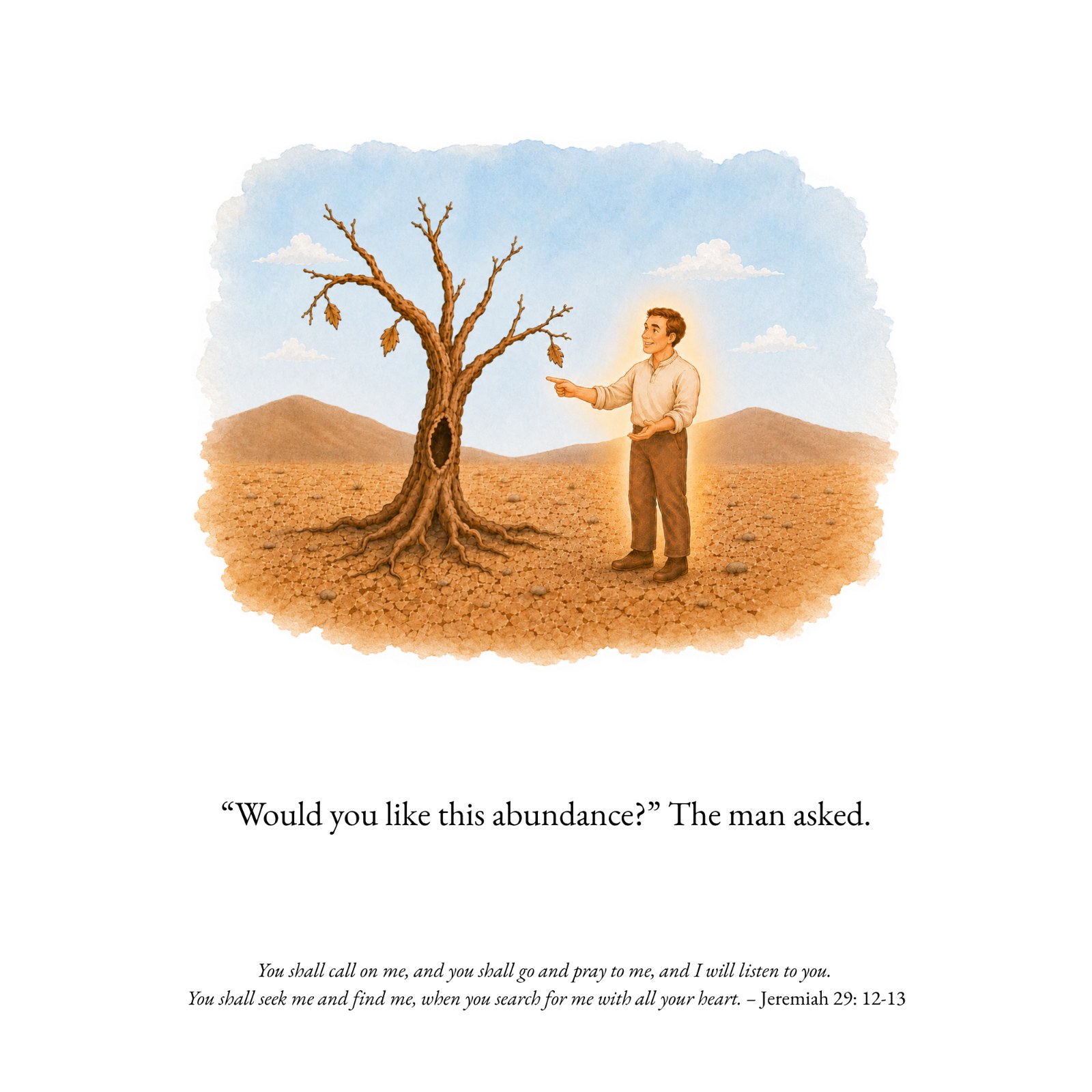 Illustrated page from The Abiding Tree, the invitation: “Do not try. Or strive. Simply abide in Me, for I have come to bring you rest.”