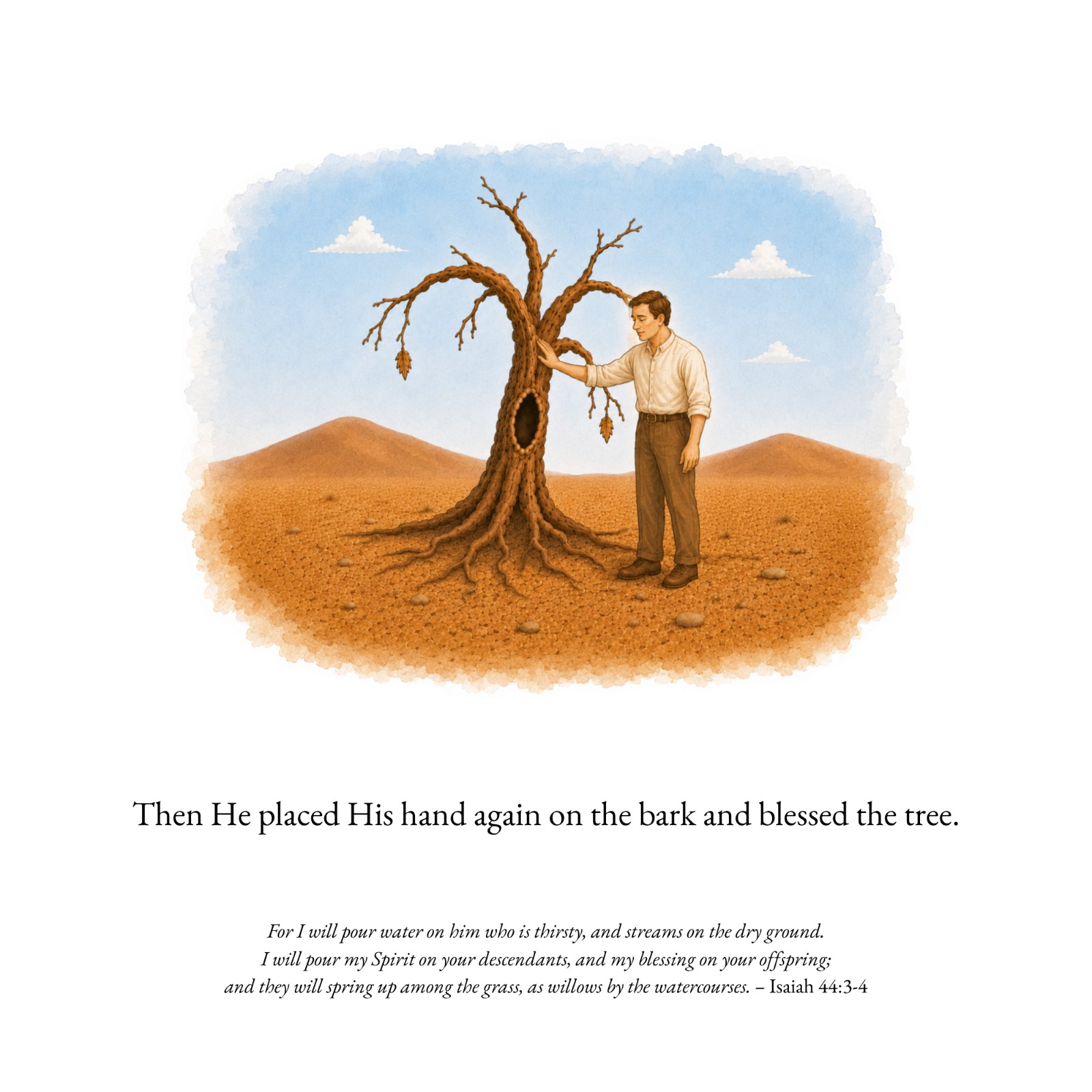 Illustrated page from The Abiding Tree, the blessing: Then He placed His hand again on the bark, and blessed the tree.