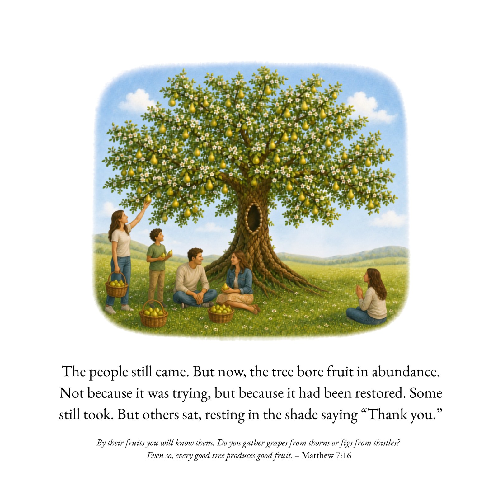 Illustrated page from The Abiding Tree, the restoration: “You gave when it cost you everything. Now you give from fullness. That is not small. That is glory.”