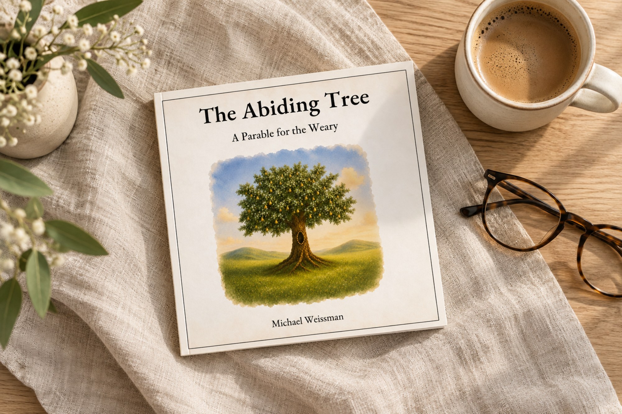 The Abiding Tree paperback laid open on a desk beside a Bible