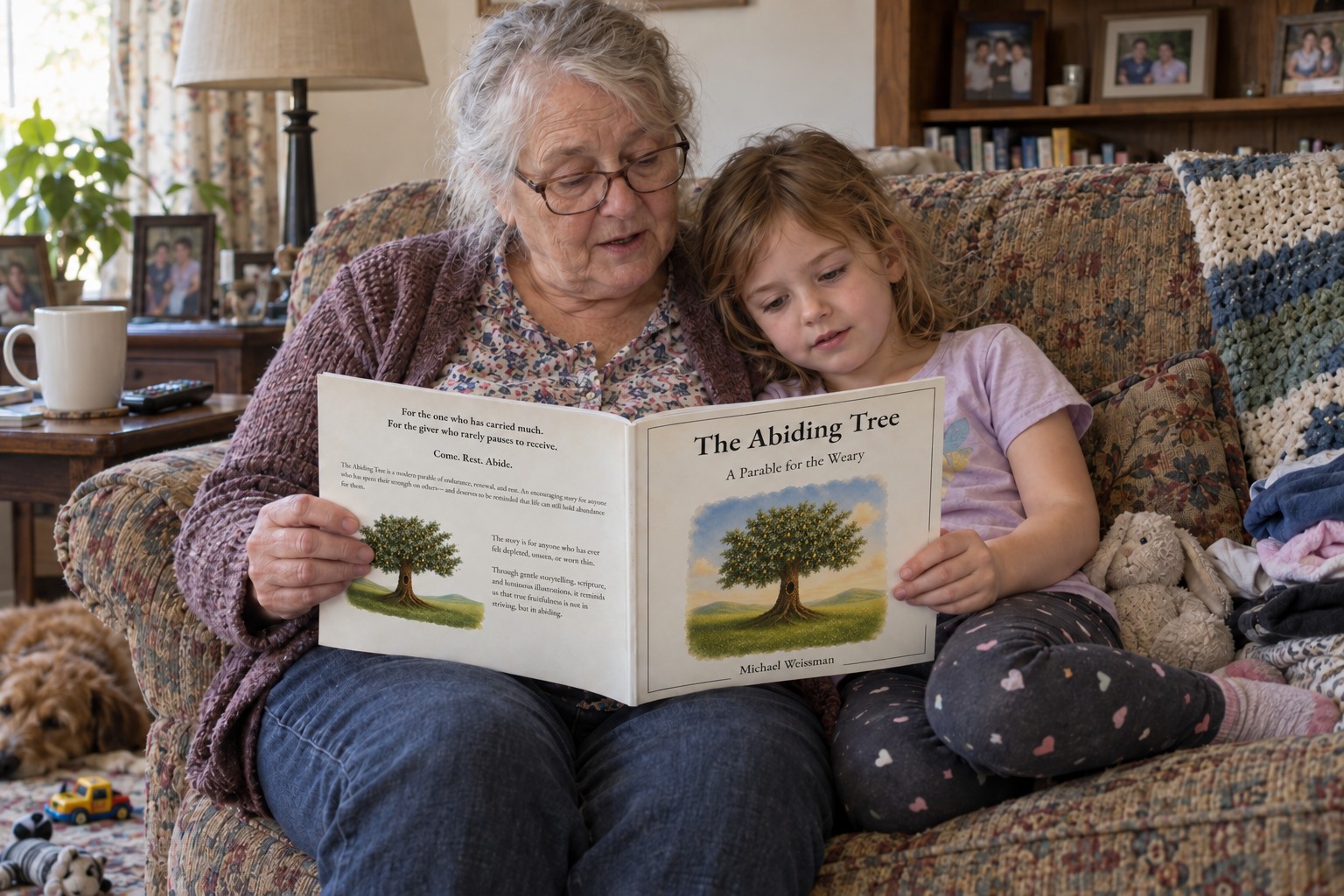 A grandmother reading The Abiding Tree paperback in an armchair
