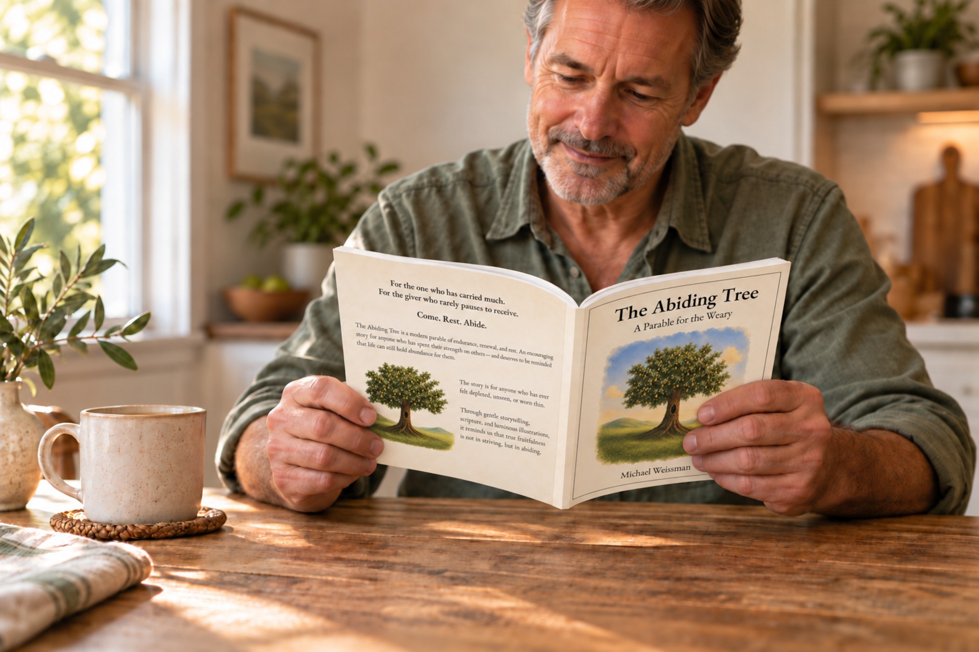 A man reading The Abiding Tree paperback at a kitchen table