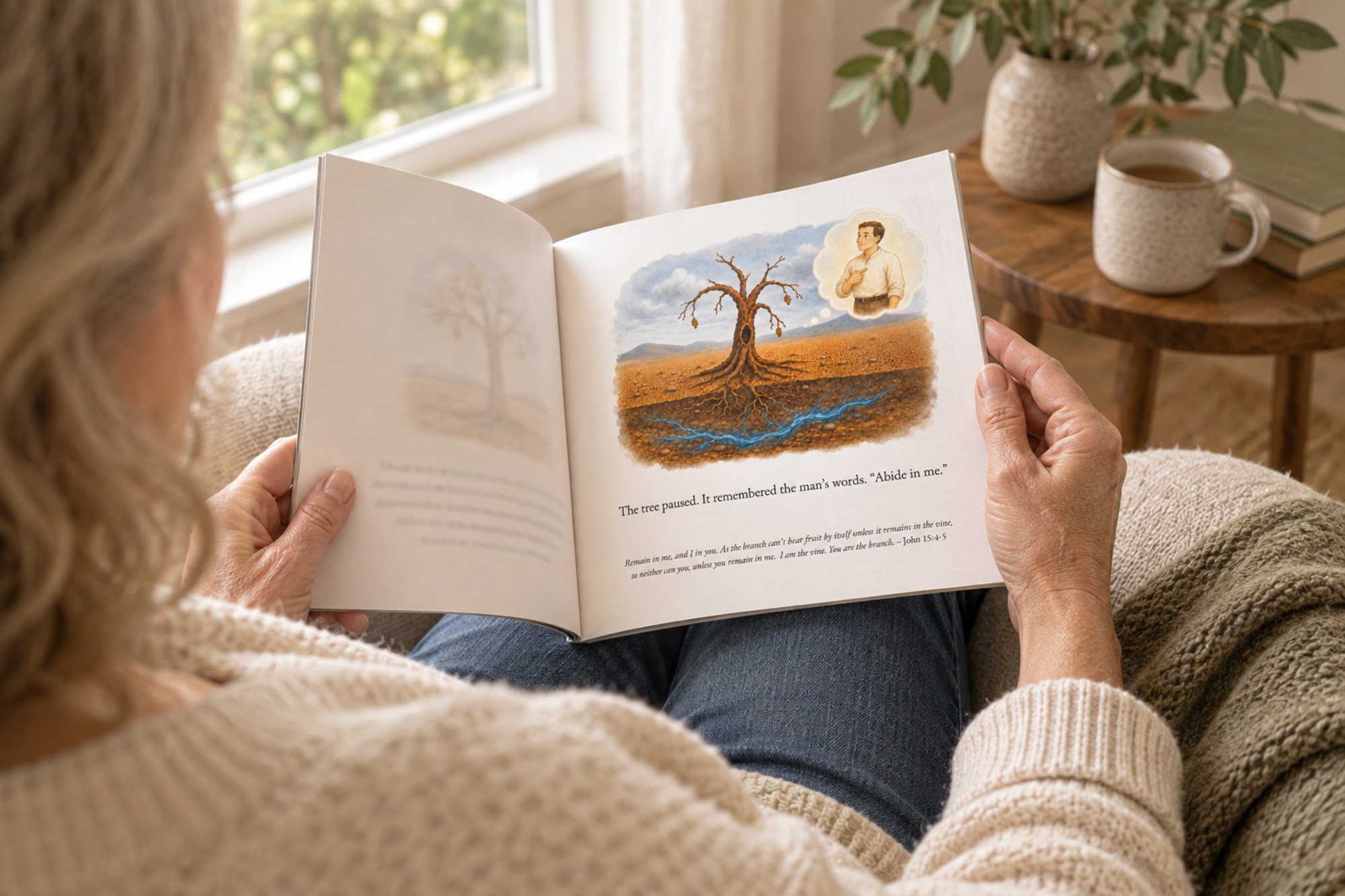 A woman reading The Abiding Tree paperback in an armchair by a window